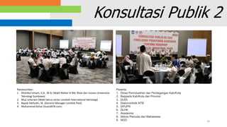 34
Konsultasi Publik 2
Narasumber:
1. Khotibul Umam, S.Si., M.Sc (Wakil Rektor III Bid. Riset dan Inovasi Universitas
Teknologi Sumbawa)
2. Muji Juherwin (Wakil ketua rector Lombok International teknologi)
3. Bapak Haliludin, SE. (General Manager Lombok Post)
4. Muhammad Azhar (SuaraNTB.com)
Peserta:
1. Dinas Perindustrian dan Perdagangan Kab/Kota
2. Bappeda Kab/Kota dan Provinsi
3. DUDI
4. Diskominfotik NTB
5. DPUPR
6. DLHK
7. Akademisi
8. Aktivis Pemuda dan Mahasiswa
9. NGO
 
