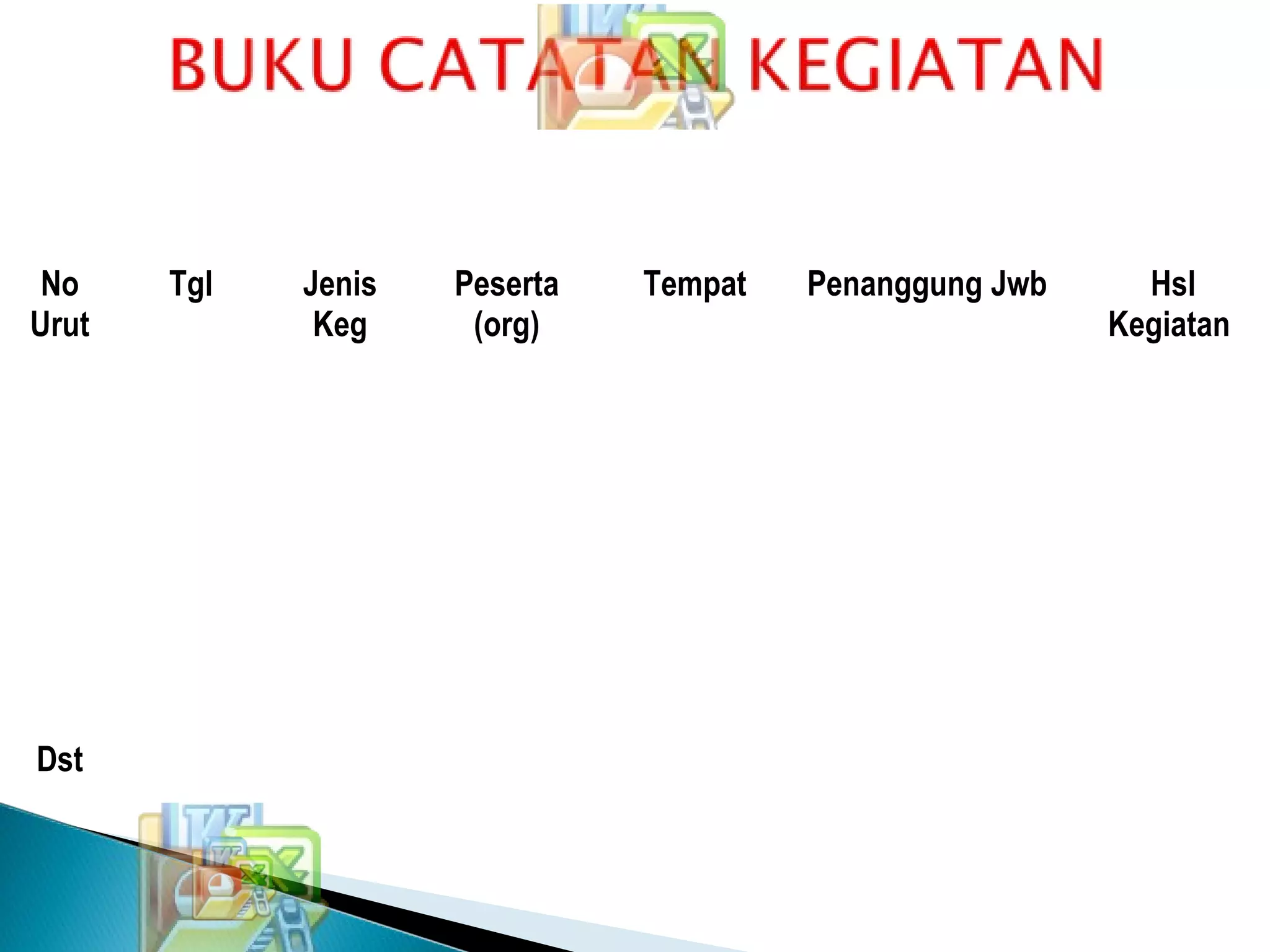 No
Urut
Tgl Jenis
Keg
Peserta
(org)
Tempat Penanggung Jwb Hsl
Kegiatan
Dst
 