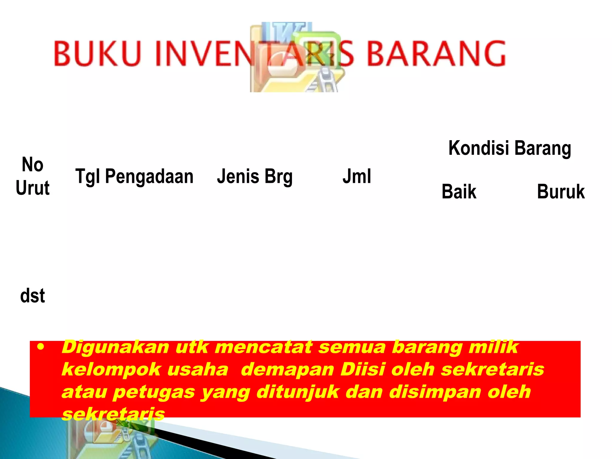 No
Urut
Tgl Pengadaan Jenis Brg Jml
Kondisi Barang
Baik Buruk
dst
• Digunakan utk mencatat semua barang milik
kelompok usaha demapan Diisi oleh sekretaris
atau petugas yang ditunjuk dan disimpan oleh
sekretaris
 