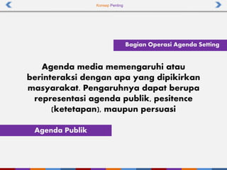 Konsep Penting
Agenda media memengaruhi atau
berinteraksi dengan apa yang dipikirkan
masyarakat. Pengaruhnya dapat berupa
representasi agenda publik, pesitence
(ketetapan), maupun persuasi
Agenda Publik
Bagian Operasi Agenda Setting
 