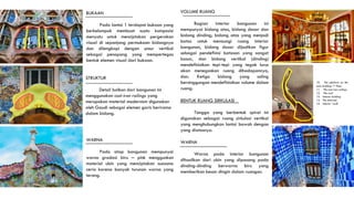 BUKAAN
Pada lantai 1 terdapat bukaan yang
berkelompok membuat suatu komposisi
menyatu untuk menciptakan pergerakan
visual di sepanjang permukaan bidangnya
dan dilengkapi dengan unsur vertikal
sebagai penopang yang mempertegas
bentuk elemen visual dari bukaan.
VOLUME RUANG
Bagian interior bangunan ini
mempunyai bidang atas, bidang dasar dan
bidang dinding; bidang atas yang menjadi
batas untuk menaungi ruang interior
bangunan, bidang dasar dijadikan figur
sebagai pendefinisi batasan yang sangat
basar, dan bidang vertikal (dinding)
mendefinisikan tepi-tepi yang tegak lurus
akan menegaskan ruang dihadapannya,
dan. Ketiga bidang yang saling
bersinggungan mendefinisikan volume dalam
ruang.
STRUKTUR
Detail balkon dari bangunan ini
menggunakan cast-iron railings yang
merupakan material modernism digunakan
oleh Gaudi sebagai elemen garis berirama
dalam bidang.
WARNA
Pada atap bangunan mempunyai
warna gradasi biru – pink menggunkan
material ubin yang menciptakan suasana
ceria karena banyak turunan warna yang
terang.
BENTUK RUANG SIRKULASI
Tangga yang berbentuk spiral ini
digunakan sebagai ruang sirkulasi vertikal
yang menghubungkan lantai bawah dengan
yang diatasnya.
WARNA
Warna pada interior bangunan
dihasilkan dari ubin yang dipasang pada
dinding-dinding berwarna biru yang
memberikan kesan dingin dalam ruangan.
10. The pltaform on the
main building 1st floor.
11. The cast-iron railings
12. The roof
13. Interior building
14. The staircase
15. Interior ‘swall
BIDANG
DINDING
BIDANG
DASAR
BIDANG
ATAS
 