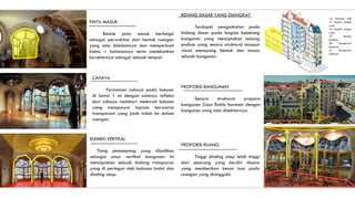 PINTU MASUK
Bentuk pintu masuk berfungsi
sebagai perwakilan dari bentuk ruangan
yang ada didalamnya dan memperkuat
batas – batasannya serta menekankan
karakternya sabagai sebuah tempat.
BIDANG DASAR YANG DIANGKAT
Terdapat pengankatan pada
bidang dasar pada bagian belakang
bangunan yang menciptakan sebuag
podium yang secara struktural maupun
visual menopang bentuk dan massa
sebuah bangunan.
CAHAYA
Permainan cahaya pada bukaan
di lantai 1 ini dengan adanya refleksi
dari cahaya matahari melewati bukaan
yang mempunyai lapisan berwarna
transparant yang jatuh indah ke dalam
ruangan.
ELEMEN VERTIKAL
Tiang penompang yang dijadikan
sebagai unsur vertikal bangunan ini
menciptakan sebuah bidang transparan
yang di pertegas oleh batasan lantai dan
dinding atap.
PROPORSI RUANG
Tinggi dinding atap lebih tinggi
dari sesorang yang berdiri disana
yang memberikan kesan luas pada
ruangan yang disinggahi.
PROPORSI BANGUNAN
Secara struktural proporsi
bangunan Casa Battlo harmoni dengan
bangunan yang ada disekitarnya.
16. Entrance hall
17. Gaudi’s design
room.
18. Gaudi’s design
room.
19. Section
building.
20. Perspective
eksterior.
21. Perspective
omterior.
 