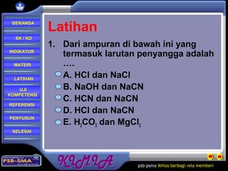 psb-psma Ikhlas berbagi rela memberi
REFERENSI
LATIHAN
MATERI
PENYUSUN
INDIKATOR
SK / KD
UJI
KOMPETENSI
BERANDA
SELESAI
Latihan
1. Dari ampuran di bawah ini yang
termasuk larutan penyangga adalah
….
A. HCl dan NaCl
B. NaOH dan NaCN
C. HCN dan NaCN
D. HCl dan NaCN
E. H2CO3 dan MgCl2
 