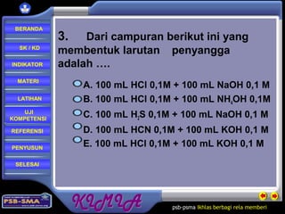 psb-psma Ikhlas berbagi rela memberi
REFERENSI
LATIHAN
MATERI
PENYUSUN
INDIKATOR
SK / KD
UJI
KOMPETENSI
BERANDA
SELESAI
3. Dari campuran berikut ini yang
membentuk larutan penyangga
adalah ….
A. 100 mL HCl 0,1M + 100 mL NaOH 0,1 M
B. 100 mL HCl 0,1M + 100 mL NH4OH 0,1M
C. 100 mL H2S 0,1M + 100 mL NaOH 0,1 M
D. 100 mL HCN 0,1M + 100 mL KOH 0,1 M
E. 100 mL HCl 0,1M + 100 mL KOH 0,1 M
 