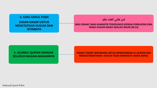 Madrasah SyarofAl-Ilmi
4. ILMU USHUL FIQIH
DASAR-DASAR UNTUK
MENETAPKAN HUKUM DAN
ISTINBATH
‫منكم‬ ‫العنت‬ ‫خشى‬ ‫لمن‬
BAGI ORANG YANG KHAWATIR TERJERUMUS KEPADA PERBUATAN ZINA
MAKA HUKUM NIKAH ADALAH WAJIB (30:13)
5. ULUMUL QUR’AN DENGAN
SELURUH BAGIAN-BAGIANNYA
SYARAT-SYARAT SESEORANG UNTUK MENAFISRKAN AL-QUR’AN DAN
MENGISTINBATHKAN HUKUM TIDAK MENGIKUTI HAWA NAFSU
 