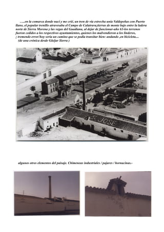 …..en la comarca donde nací y me crié, un tren de vía estrecha unía Valdepeñas con Puerto
llano, el popular trenillo atravesaba el Campo de Calatrava,tierras de monte bajo entre la ladera
norte de Sierra Morena y las vegas del Guadiana, al dejar de funcionar-año 63-los terrenos
fueron cedidos a los respectivos ayuntamientos, quienes los malvendieron a los linderos,
¡ tremendo error!hoy seria un camino que se podía transitar bien: andando ,en bicicleta....
  (de una crónica desde Güéjar Sierra )




 algunos otros elementos del paisaje. Chimeneas industriales / pajares / hornacinas.-
 