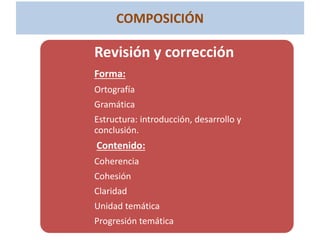 COMPOSICIÓN
Revisión y corrección
Forma:
Ortografía
Gramática
Estructura: introducción, desarrollo y
conclusión.
Contenido:
Coherencia
Cohesión
Claridad
Unidad temática
Progresión temática
 