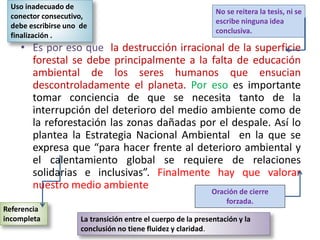 • Es por eso que la destrucción irracional de la superficie
forestal se debe principalmente a la falta de educación
ambiental de los seres humanos que ensucian
descontroladamente el planeta. Por eso es importante
tomar conciencia de que se necesita tanto de la
interrupción del deterioro del medio ambiente como de
la reforestación las zonas dañadas por el despale. Así lo
plantea la Estrategia Nacional Ambiental en la que se
expresa que “para hacer frente al deterioro ambiental y
el calentamiento global se requiere de relaciones
solidarias e inclusivas”. Finalmente hay que valorar
nuestro medio ambiente
No se reitera la tesis, ni se
escribe ninguna idea
conclusiva.
Oración de cierre
forzada.
Uso inadecuado de
conector consecutivo,
debe escribirse uno de
finalización .
Referencia
incompleta La transición entre el cuerpo de la presentación y la
conclusión no tiene fluidez y claridad.
 