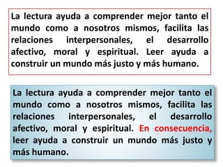 La lectura ayuda a comprender mejor tanto el
mundo como a nosotros mismos, facilita las
relaciones interpersonales, el desarrollo
afectivo, moral y espiritual. Leer ayuda a
construir un mundo más justo y más humano.
La lectura ayuda a comprender mejor tanto el
mundo como a nosotros mismos, facilita las
relaciones interpersonales, el desarrollo
afectivo, moral y espiritual. En consecuencia,
leer ayuda a construir un mundo más justo y
más humano.
 