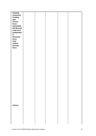 Teaching
 component
 Teaching
 type
 Contact
 hours
 (scheduled)
 Self-directed
 study hours
 (independen
 t)
 Placement
 hours
 Total
 student
 learning
 hours




 TOTALS:




P. Parker Feb 12 PREDICT Module Specification Guidance   4
 