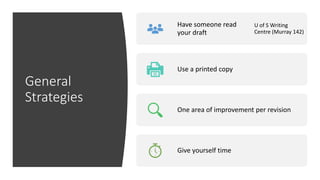General
Strategies
Have someone read
your draft
U of S Writing
Centre (Murray 142)
Use a printed copy
One area of improvement per revision
Give yourself time
 
