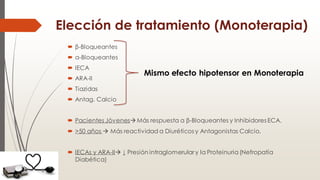 Elección de tratamiento (Monoterapia)
 β-Bloqueantes
 α-Bloqueantes
 IECA
 ARA-II
 Tiazidas
 Antag. Calcio
 Pacientes JóvenesMás respuesta a β-Bloqueantes y Inhibidores ECA.
 >50 años  Más reactividad a Diuréticos y Antagonistas Calcio.
 IECAs y ARA-II ↓ Presión intraglomerular y la Proteinuria(Nefropatía
Diabética)
Mismo efecto hipotensor en Monoterapia
 