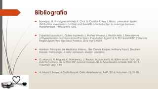 Bibliografía
 Banegas JR, Rodríguez Artalejo F, Cruz JJ, Guallar P, Rey J. Blood pressure in Spain:
distribution, awareness, control, and benefits of a reduction in average pressure.
Hypertension. 1998;32:998-1002.
 Zubeldia Lauzurica L, Quiles Izquierdo J, Mañes Vinuesa J, Redón Más J. Prevalence
of Hypertension and Associated Factors in Population Aged 16 to 90 Years Old in Valencia
Region,Spain Rev Esp Salud Publica. 2016 Apr 1;90:E9.
 Harrison. Principios de Medicina Interna, 18e. Dennis Kasper, Anthony Fauci, Stephen
Hauser, Dan Longo, J. Larry Jameson, Joseph Loscalzo.
 G. Mancia, R. Fagard, K. Narkiewicz, J. Redon, A. Zanchetti, M. Böhm et All. Guía de
práctica clínica de la ESH/ ESC para el manejo de la hipertensión arterial. SHE. 2013.;
Volumen (30): 1-94
 A. Manich Moya, A.Dalfó-Baqué. Crisis Hipertensivas. AMF. 2016; Volumen (1): 31-38.
 