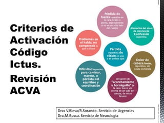 Criterios de
Activación
Código
Ictus.
Revisión
ACVA
Dras V.Blesa/R.Sorando. Servicio de Urgencias
Dra.M.Bosca. Servicio de Neurologia
 