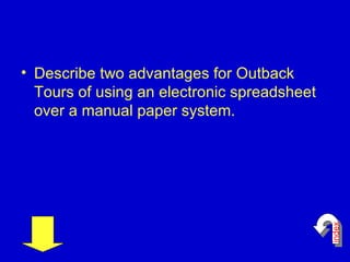<ul><li>Describe two advantages for Outback Tours of using an electronic spreadsheet over a manual paper system. </li></ul...