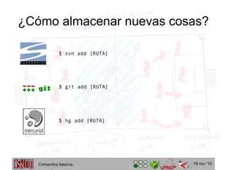 18 nov '10
¿Cómo almacenar nuevas cosas?
$ svn add [RUTA]
$ hg add [RUTA]
$ git add [RUTA]
Comandos básicos
 