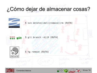 18 nov '10
¿Cómo dejar de almacenar cosas?
$ svn delete||del||remove||rm [RUTA]
$ hg remove [RUTA]
$ git branch -d||D [RUTA]
Comandos básicos
 