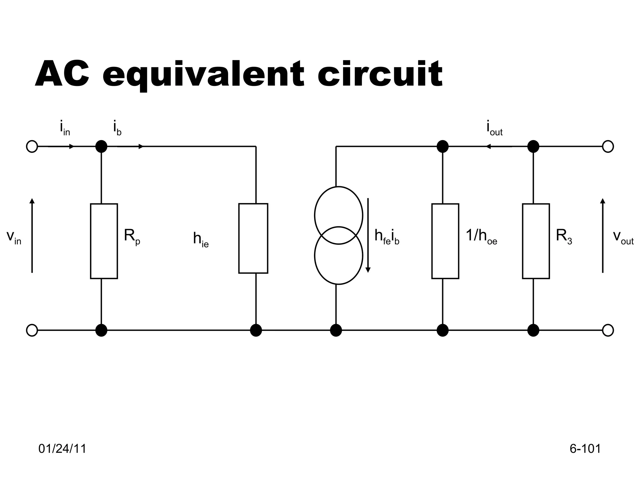 01/24/11 6- AC equivalent circuit v in v out R p h ie h fe i b 1/h oe R 3 i in i out i b 