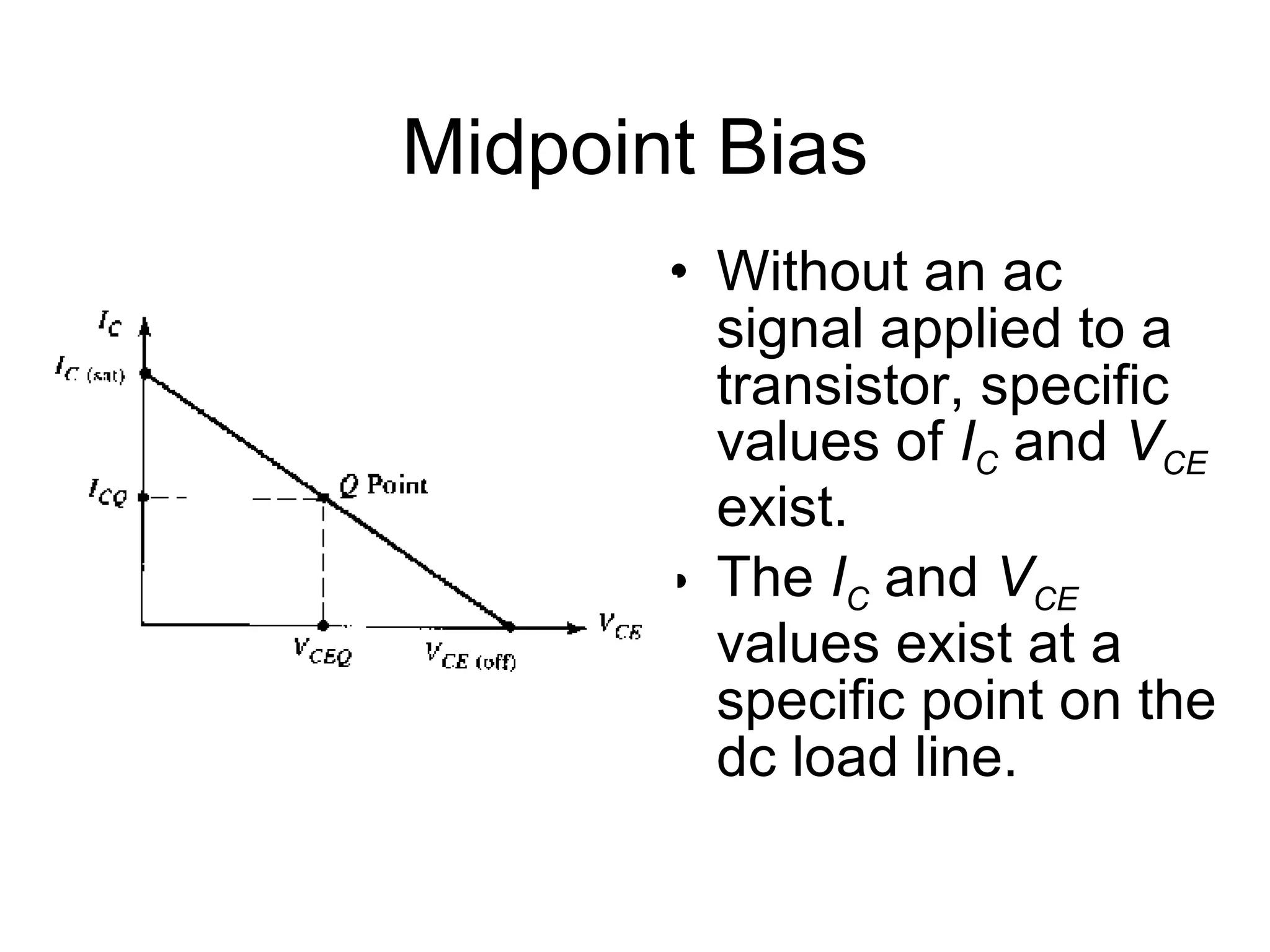 Midpoint Bias Without an ac signal applied to a transistor, specific values of  I C  and  V CE  exist. The  I C  and  V CE  values exist at a specific point on the dc load line. 