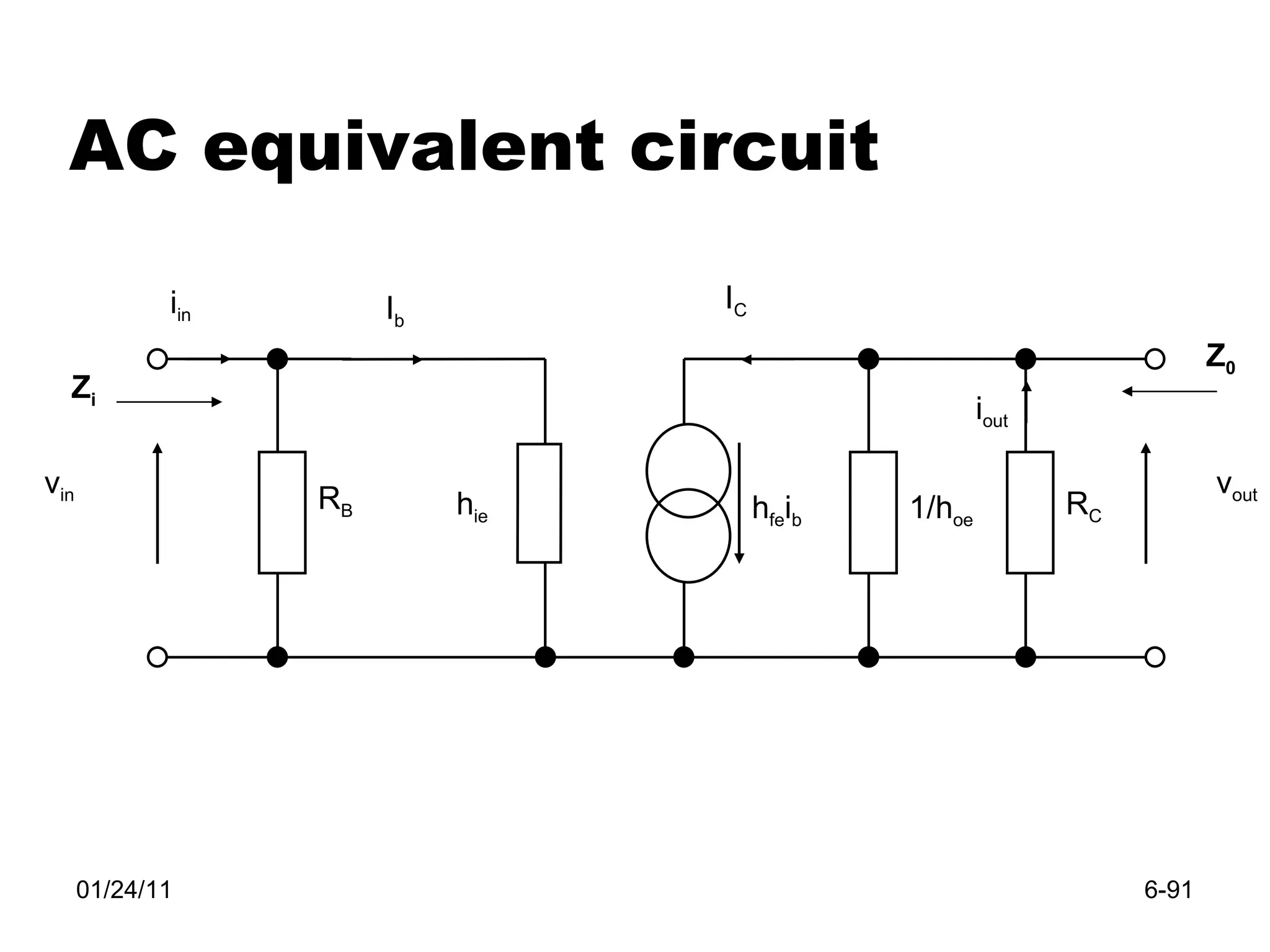 01/24/11 6- AC equivalent circuit v out v in i in i out R B h ie h fe i b 1/h oe R C Z i Z 0 I b I C 