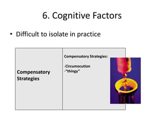 6. Cognitive Factors
• Difficult to isolate in practice

                    Compensatory Strategies:

                    -Circumocution
  Compensatory      -“thingy”
  Strategies
 