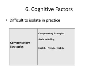 6. Cognitive Factors
• Difficult to isolate in practice

                    Compensatory Strategies:

                    -Code switching
  Compensatory
  Strategies        English – French - English
 