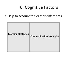 6. Cognitive Factors
• Help to account for learner differences




  Learning Strategies
                        Communication Strategies
 