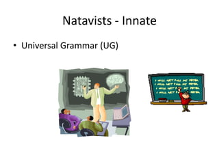 Natavists - Innate
• Universal Grammar (UG)
 