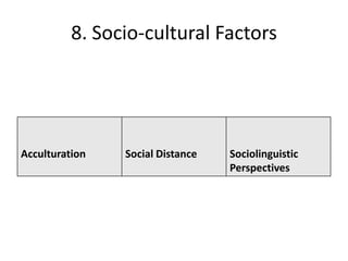 8. Socio-cultural Factors




Acculturation   Social Distance   Sociolinguistic
                                  Perspectives
 
