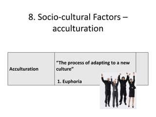 8. Socio-cultural Factors –
               acculturation


                “The process of adapting to a new
Acculturation   culture”

                1. Euphoria
 
