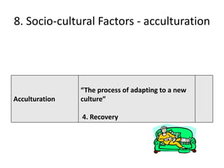 8. Socio-cultural Factors - acculturation




                “The process of adapting to a new
Acculturation   culture”

                4. Recovery
 