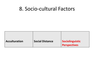 8. Socio-cultural Factors




Acculturation   Social Distance   Sociolinguistic
                                  Perspectives
 