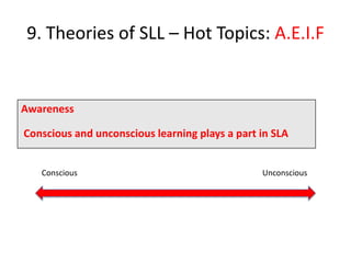 9. Theories of SLL – Hot Topics: A.E.I.F


Awareness

Conscious and unconscious learning plays a part in SLA


   Conscious                                    Unconscious
 