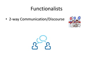 Functionalists
• 2-way Communication/Discourse
 