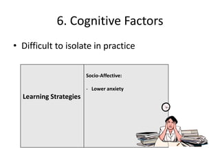 6. Cognitive Factors
• Difficult to isolate in practice

                        Socio-Affective:

                        - Lower anxiety
  Learning Strategies
 