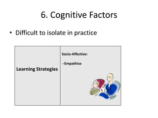 6. Cognitive Factors
• Difficult to isolate in practice

                        Socio-Affective:

                        --Empathise
  Learning Strategies
 