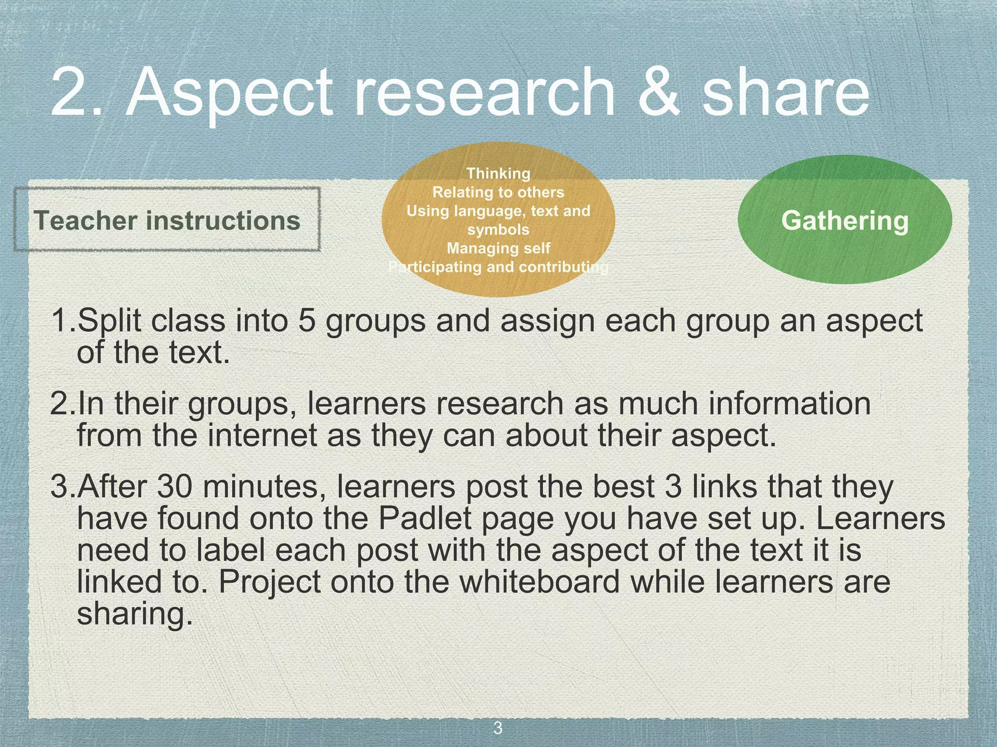 1.Split class into 5 groups and assign each group an aspect
of the text.
2.In their groups, learners research as much information
from the internet as they can about their aspect.
3.After 30 minutes, learners post the best 3 links that they
have found onto the Padlet page you have set up. Learners
need to label each post with the aspect of the text it is
linked to. Project onto the whiteboard while learners are
sharing.
Gathering
Thinking
Relating to others
Using language, text and
symbols
Managing self
Participating and contributing
Teacher instructions
 
