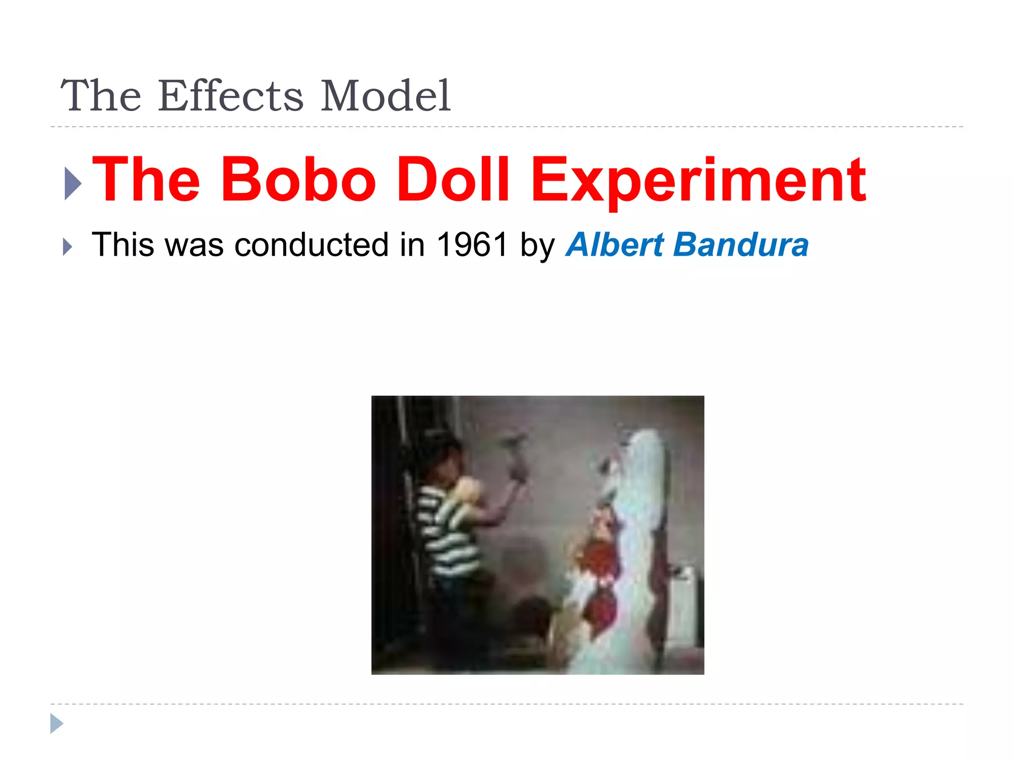 The Effects Model
The Bobo Doll Experiment
 This was conducted in 1961 by Albert Bandura
 