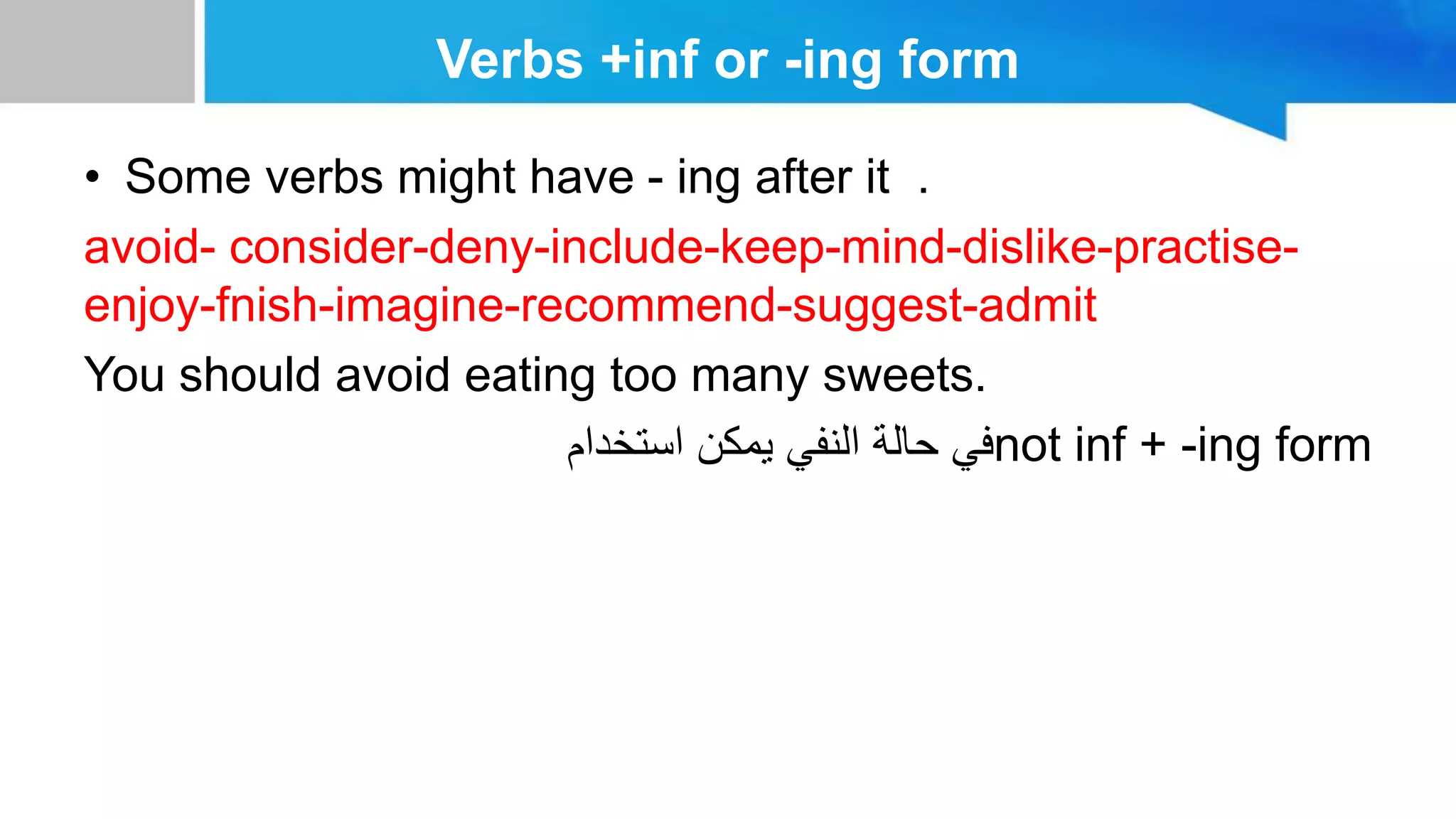 Verbs +inf or -ing form
• Some verbs might have - ing after it .
avoid- consider-deny-include-keep-mind-dislike-practise-
enjoy-fnish-imagine-recommend-suggest-admit
You should avoid eating too many sweets.
‫استخدام‬ ‫يمكن‬ ‫النفي‬ ‫حالة‬ ‫في‬not inf + -ing form
 