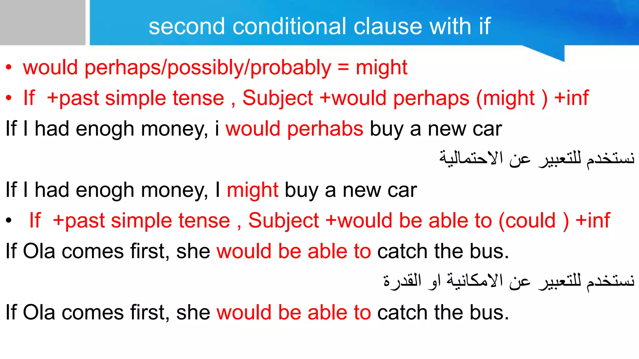 second conditional clause with if
• would perhaps/possibly/probably = might
• If +past simple tense , Subject +would perhaps (might ) +inf
If I had enogh money, i would perhabs buy a new car
‫االحتمالية‬ ‫عن‬ ‫للتعبير‬ ‫نستخدم‬
If I had enogh money, I might buy a new car
• If +past simple tense , Subject +would be able to (could ) +inf
If Ola comes first, she would be able to catch the bus.
‫القدرة‬ ‫او‬ ‫االمكانية‬ ‫عن‬ ‫للتعبير‬ ‫نستخدم‬
If Ola comes first, she would be able to catch the bus.
 