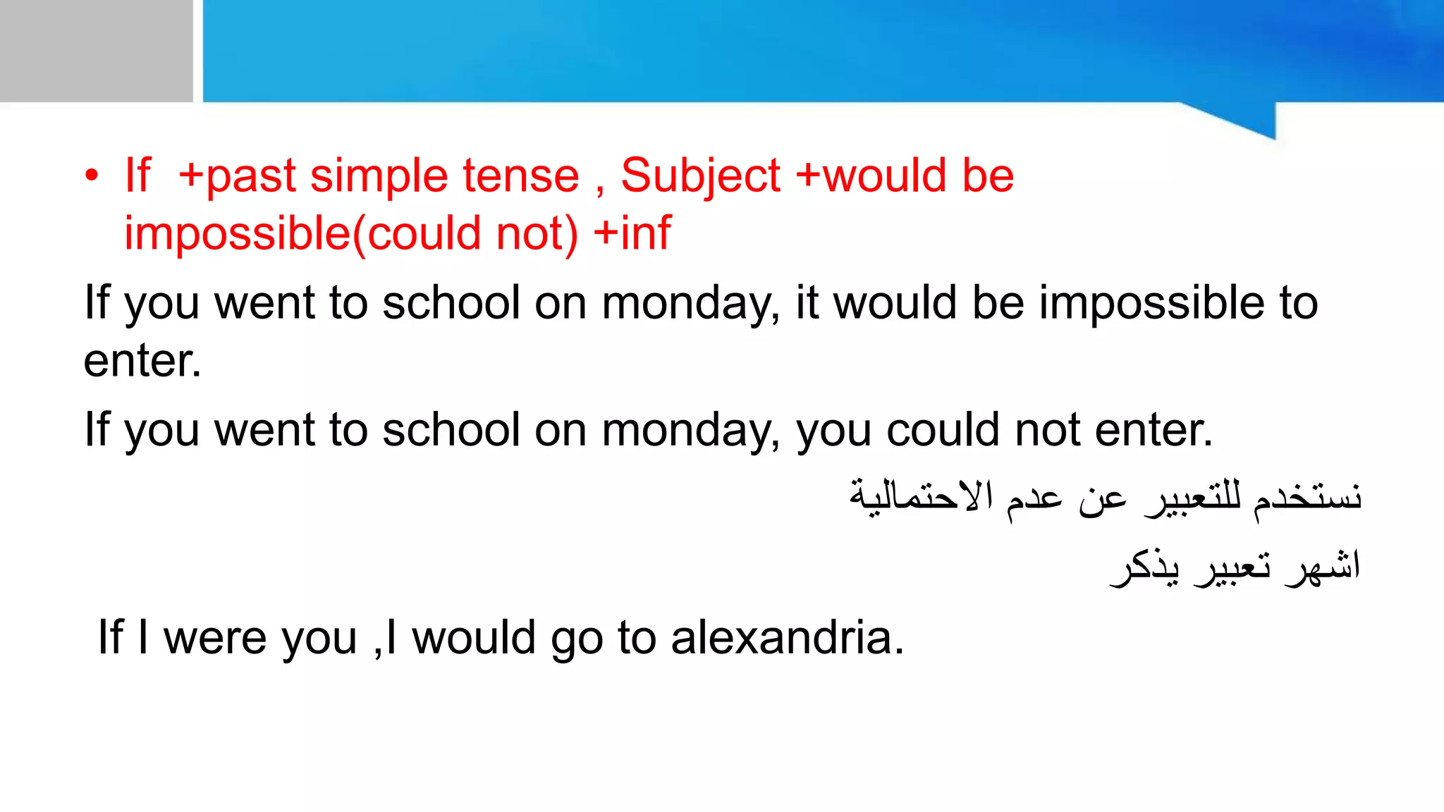 • If +past simple tense , Subject +would be
impossible(could not) +inf
If you went to school on monday, it would be impossible to
enter.
If you went to school on monday, you could not enter.
‫االحتمالية‬ ‫عدم‬ ‫عن‬ ‫للتعبير‬ ‫نستخدم‬
‫يذكر‬ ‫تعبير‬ ‫اشهر‬
If I were you ,I would go to alexandria.
 