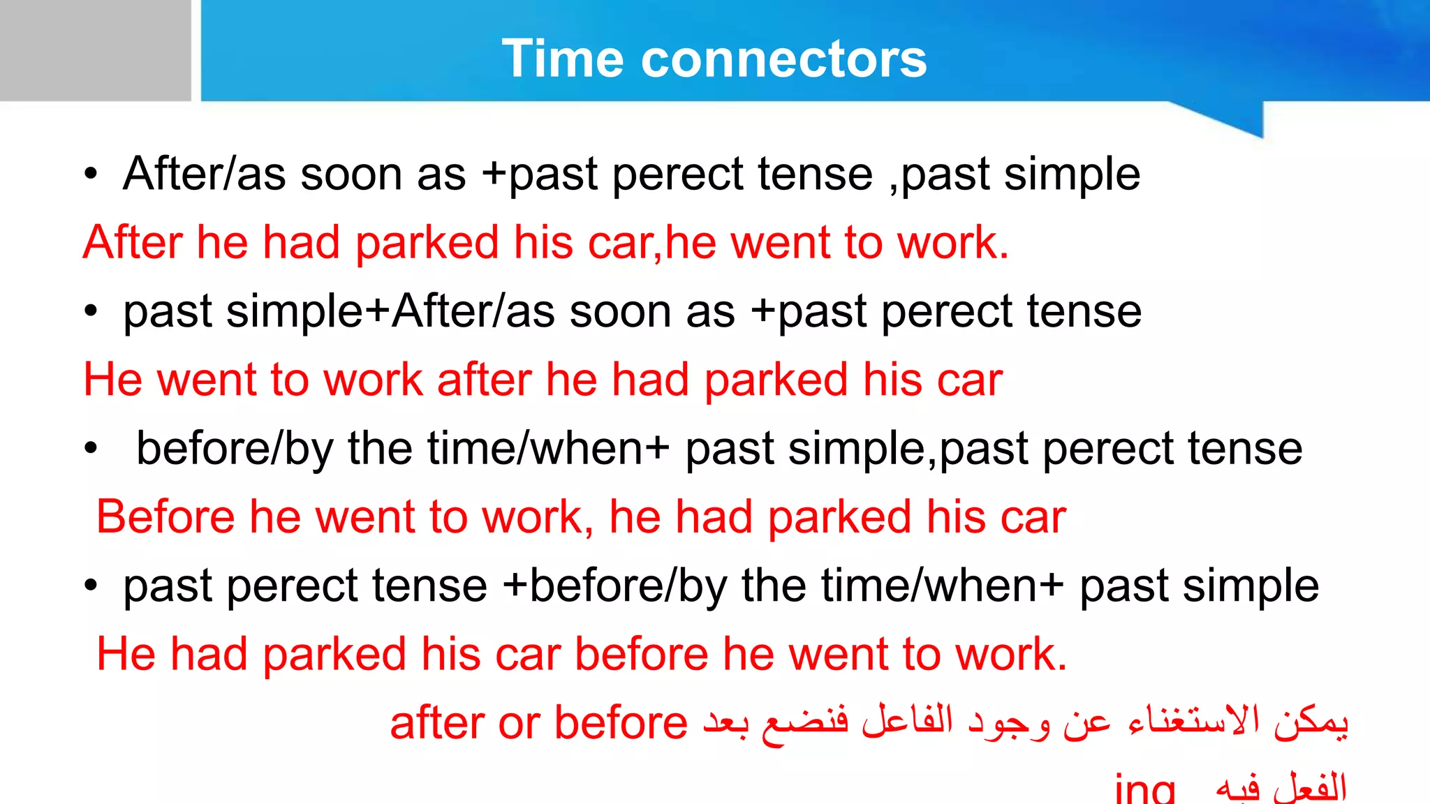Time connectors
• After/as soon as +past perect tense ,past simple
After he had parked his car,he went to work.
• past simple+After/as soon as +past perect tense
He went to work after he had parked his car
• before/by the time/when+ past simple,past perect tense
Before he went to work, he had parked his car
• past perect tense +before/by the time/when+ past simple
He had parked his car before he went to work.
after or before ‫بعد‬ ‫فنضع‬ ‫الفاعل‬ ‫وجود‬ ‫عن‬ ‫االستغناء‬ ‫يمكن‬
 