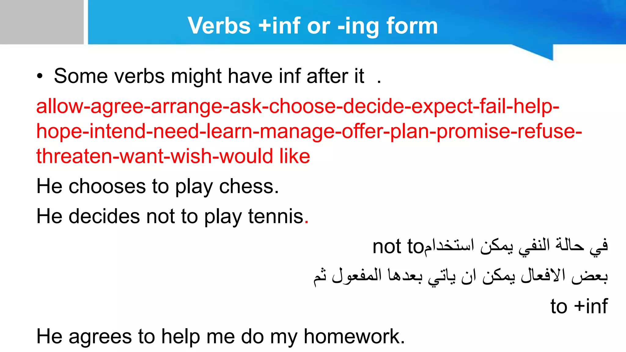 Verbs +inf or -ing form
• Some verbs might have inf after it .
allow-agree-arrange-ask-choose-decide-expect-fail-help-
hope-intend-need-learn-manage-offer-plan-promise-refuse-
threaten-want-wish-would like
He chooses to play chess.
He decides not to play tennis.
not to‫استخدام‬ ‫يمكن‬ ‫النفي‬ ‫حالة‬ ‫في‬
‫ثم‬ ‫المفعول‬ ‫بعدها‬ ‫ياتي‬ ‫ان‬ ‫يمكن‬ ‫االفعال‬ ‫بعض‬
to +inf
He agrees to help me do my homework.
 