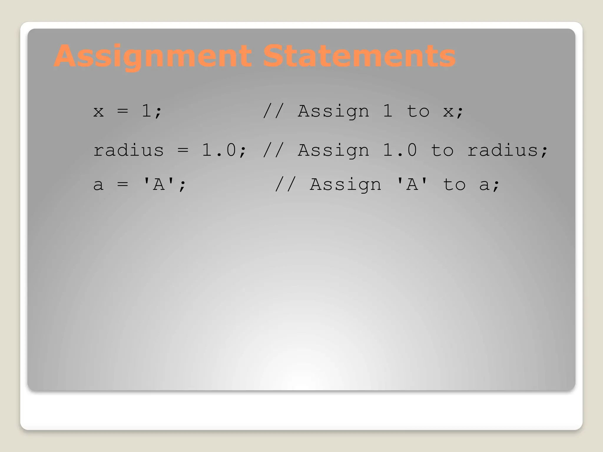 Assignment Statements
x = 1; // Assign 1 to x;
radius = 1.0; // Assign 1.0 to radius;
a = 'A'; // Assign 'A' to a;
 