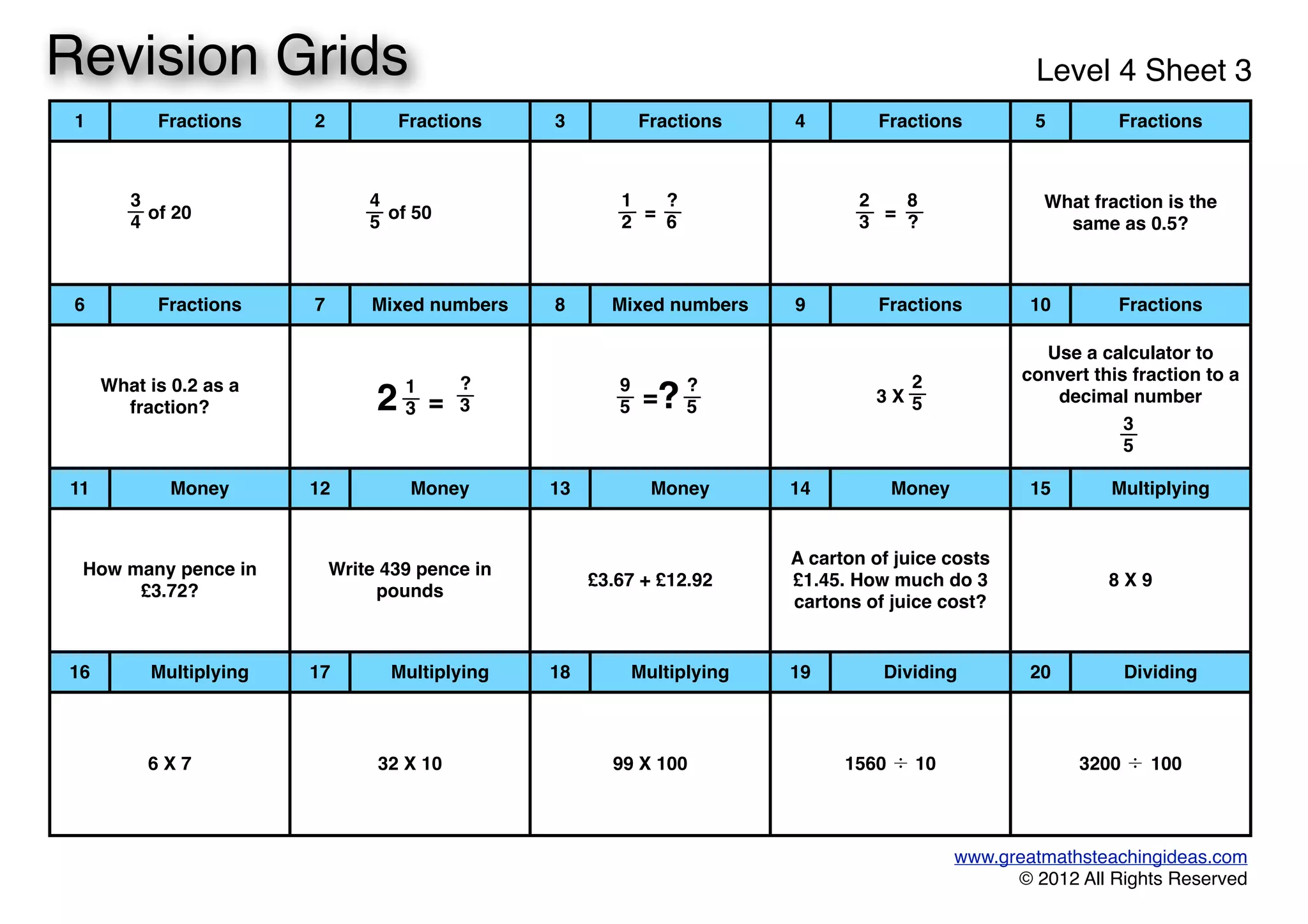 1 Fractions 2 Fractions 3 Fractions 4 Fractions 5 Fractions
of 20of 20 of 50of 50 == ==
What fraction is the
same as 0.5?
What fraction is the
same as 0.5?
6 Fractions 7 Mixed numbers 8 Mixed numbers 9 Fractions 10 Fractions
What is 0.2 as a
fraction?
What is 0.2 as a
fraction? 2 =2 = == 3 X3 X
Use a calculator to
convert this fraction to a
decimal number
Use a calculator to
convert this fraction to a
decimal number
11 Money 12 Money 13 Money 14 Money 15 Multiplying
How many pence in
£3.72?
How many pence in
£3.72?
Write 439 pence in
pounds
Write 439 pence in
pounds
£3.67 + £12.92£3.67 + £12.92
A carton of juice costs
£1.45. How much do 3
cartons of juice cost?
A carton of juice costs
£1.45. How much do 3
cartons of juice cost?
8 X 98 X 9
16 Multiplying 17 Multiplying 18 Multiplying 19 Dividing 20 Dividing
6 X 76 X 7 32 X 1032 X 10 99 X 10099 X 100 1560 ÷ 101560 ÷ 10 3200 ÷	
 1003200 ÷	
 100
www.greatmathsteachingideas.com
© 2012 All Rights Reserved
Revision Grids Level 4 Sheet 3
3
4
4
5
1
2
?
6
2
3
8
?
1
3
?
3
9
5
?
5?
2
5
3
5
 