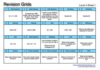 1 Add/ Subtract 2 Add/ Subtract 3 Add/ Subtract 4 Doubling 5 Doubling
57 + ? = 10057 + ? = 100
A school has 1000
pupils. 445 of the pupils
are boys. How many
girls are there?
A school has 1000
pupils. 445 of the pupils
are boys. How many
girls are there?
I need to save £7500 to
by a new car. I have
saved £2350 so far. How
much more do I need to
save?
I need to save £7500 to
by a new car. I have
saved £2350 so far. How
much more do I need to
save?
Double 32Double 32 Double 29Double 29
6 Halving 7 Halving 8 Add 9 Subtract 10 Difference
Half of 84Half of 84 Half of 1200Half of 1200 32 + 18932 + 189 2105 − 9272105 − 927
What is the difference
between 67 and 22?
What is the difference
between 67 and 22?
11 Add 12 Add/ Subtract 13 Multiples 14 LCM 15 Factors
3.2 + 5.43.2 + 5.4 123 + 47 − 15123 + 47 − 15
Look at these numbers:
1, 5, 12, 8, 25, 72, 120, 3
Which ones are
multiples of 5?
Look at these numbers:
1, 5, 12, 8, 25, 72, 120, 3
Which ones are
multiples of 5?
What is the lowest
common multiple of 2
and 3?
What is the lowest
common multiple of 2
and 3?
Write down all the
factors of 24
Write down all the
factors of 24
16 Factors 17 Prime numbers 18 Prime numbers 19 Prime numbers 20 HCF
How many factors does
30 have?
How many factors does
30 have?
How many factors does
a prime number have?
How many factors does
a prime number have?
What is the ﬁrst prime
number?
What is the ﬁrst prime
number?
Write out the ﬁrst 10
prime numbers
Write out the ﬁrst 10
prime numbers
What is the highest
common factor of 8 and
12?
What is the highest
common factor of 8 and
12?
www.greatmathsteachingideas.com
© 2012 All Rights Reserved
Revision Grids Level 4 Sheet 1
 