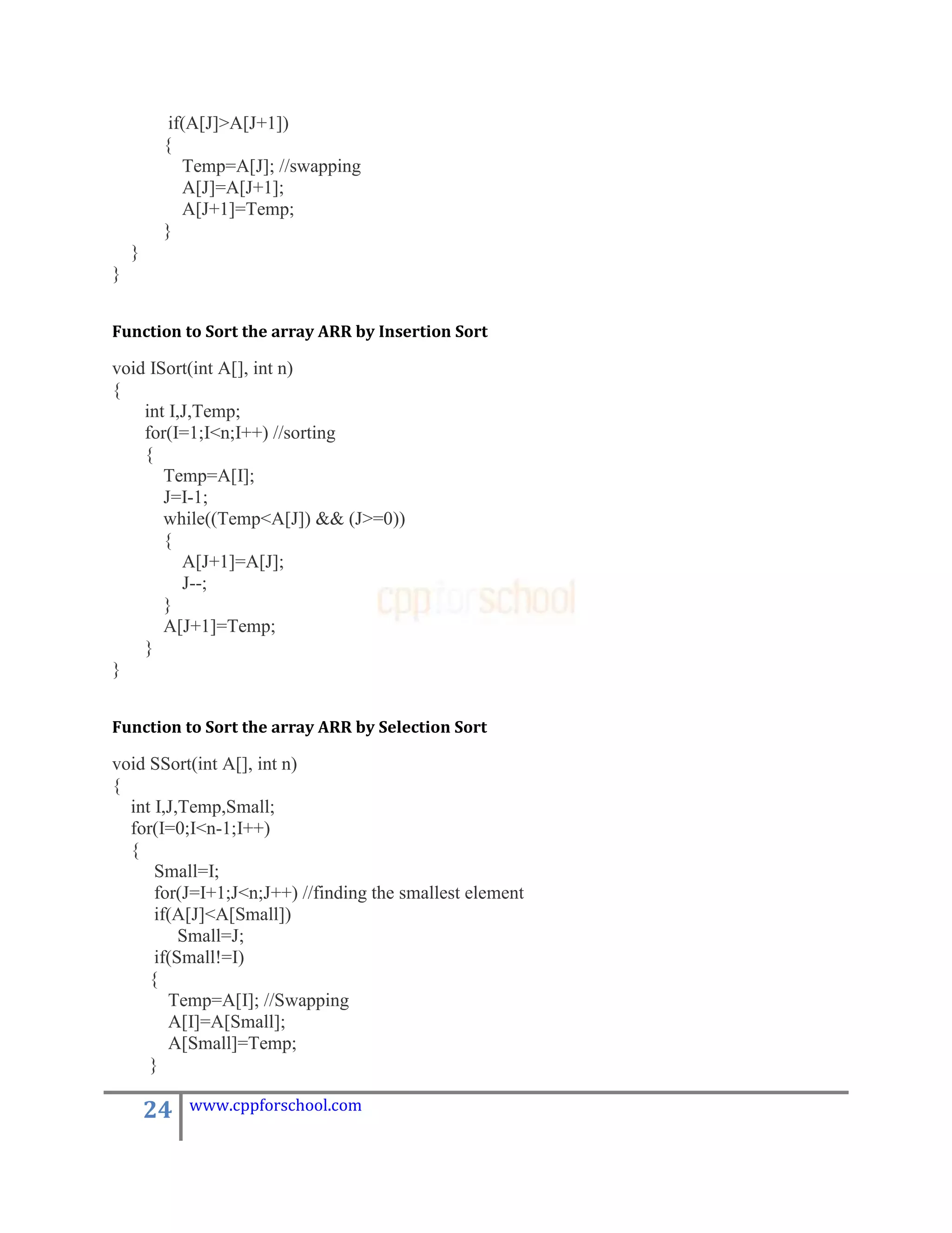 if(A[J]>A[J+1])
         {
            Temp=A[J]; //swapping
            A[J]=A[J+1];
            A[J+1]=Temp;
         }
    }
}


Function to Sort the array ARR by Insertion Sort

void ISort(int A[], int n)
{
    int I,J,Temp;
    for(I=1;I<n;I++) //sorting
    {
       Temp=A[I];
       J=I-1;
       while((Temp<A[J]) && (J>=0))
       {
          A[J+1]=A[J];
          J--;
       }
       A[J+1]=Temp;
    }
}


Function to Sort the array ARR by Selection Sort

void SSort(int A[], int n)
{
  int I,J,Temp,Small;
  for(I=0;I<n-1;I++)
  {
      Small=I;
      for(J=I+1;J<n;J++) //finding the smallest element
      if(A[J]<A[Small])
          Small=J;
      if(Small!=I)
     {
        Temp=A[I]; //Swapping
        A[I]=A[Small];
        A[Small]=Temp;
     }

        24   www.cppforschool.com
 