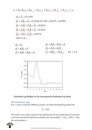 The Geometrics Lag:
If p = 1 and q = 0 then the ARDL(p,q) model is an infinite distributed lag model with:
This model is also called a geometric lag model because the lag weights begin at δ0 and then
evolve geometrically through time according to the relationship 1
1 
 S
S 

 . If |θ1| < 1 then
the total multiplier is:
Downloaded by Lamin Dampha (ldampha@utg.edu.gm)
lOMoARcPSD|2941205
 