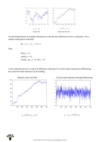 An interesting feature of a random talk process is that the first differenced series is stationary. For a
random walk process with drift:
t
t
t
t v
y
y
y 



  
1
Thus,
0
for
0
)
,
cov(
)
var(
)
(
1
2








 x
y
y
y
y
E
t
t
v
t
t


A non-stationary process is said to be difference-stationary if it can be made stationary by differencing
but cannot be made stationary by de-trending.
Random walk with drift Can be made stationary through differencing
Downloaded by Lamin Dampha (ldampha@utg.edu.gm)
lOMoARcPSD|2941205
 