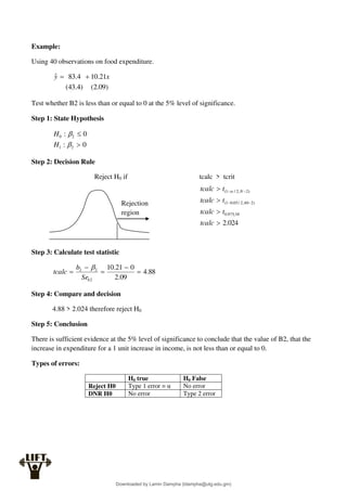 Example:
Using 40 observations on food expenditure.
)
09
.
2
(
)
4
.
43
(
21
.
10
4
.
83
ˆ x
y 

Test whether B2 is less than or equal to 0 at the 5% level of significance.
Step 1: State Hypothesis
0
:
0
:
2
1
2
0




H
H
Step 2: Decision Rule
Reject H0 if tcalc > tcrit
Step 3: Calculate test statistic
88
.
4
09
.
2
0
21
.
10
2
2
2





b
Se
b
tcalc

Step 4: Compare and decision
4.88 > 2.024 therefore reject H0
Step 5: Conclusion
There is sufficient evidence at the 5% level of significance to conclude that the value of B2, that the
increase in expenditure for a 1 unit increase in income, is not less than or equal to 0.
Types of errors:
H0 true H0 False
Reject H0 Type 1 error = α No error
DNR H0 No error Type 2 error
Rejection
region
024
.
2
38
,
975
.
0
)
2
40
,
2
/
05
.
0
1
(
)
2
,
2
/
1
(








tcalc
t
tcalc
t
tcalc
t
tcalc N

Downloaded by Lamin Dampha (ldampha@utg.edu.gm)
lOMoARcPSD|2941205
 